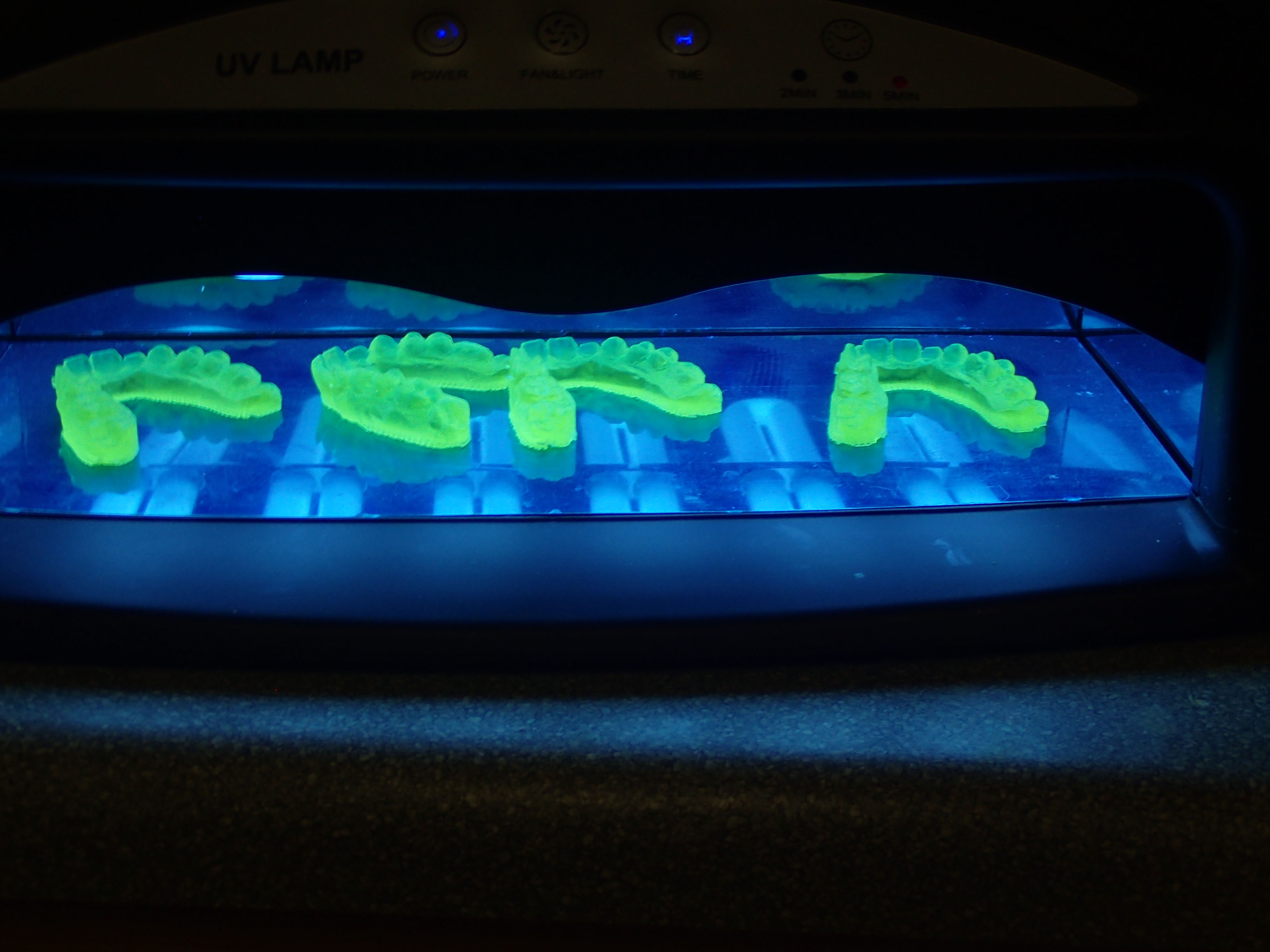 The models are cured under UV light to complete their polymerization process.